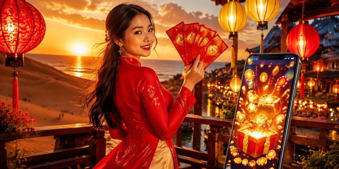 Phụ nữ áo dài Hội An cầm phong bì đỏ may mắn bên cạnh điện thoại hiển thị khuyến mãi casino